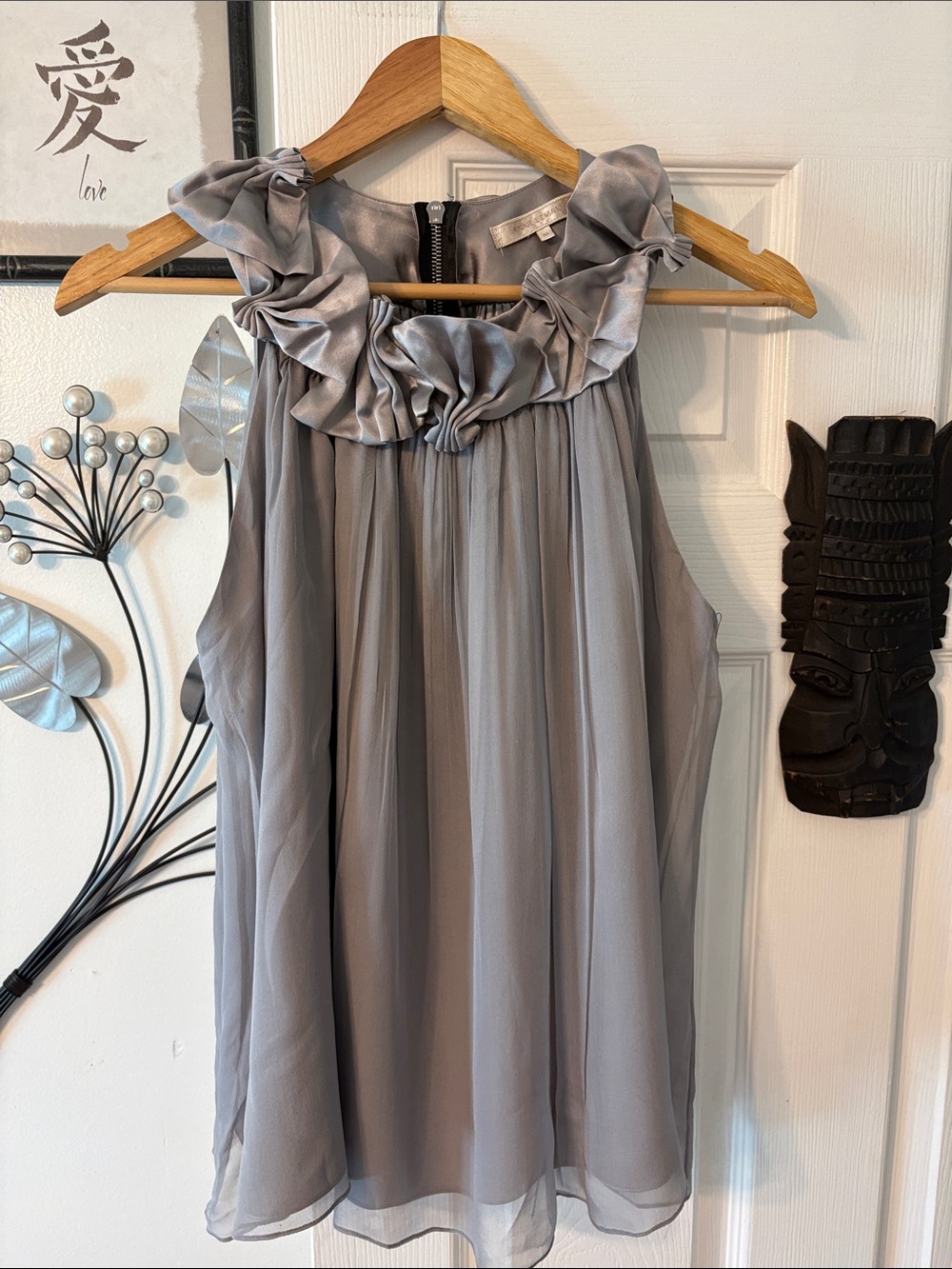 Ruffled Neck Sleeveless Blouse - Gray